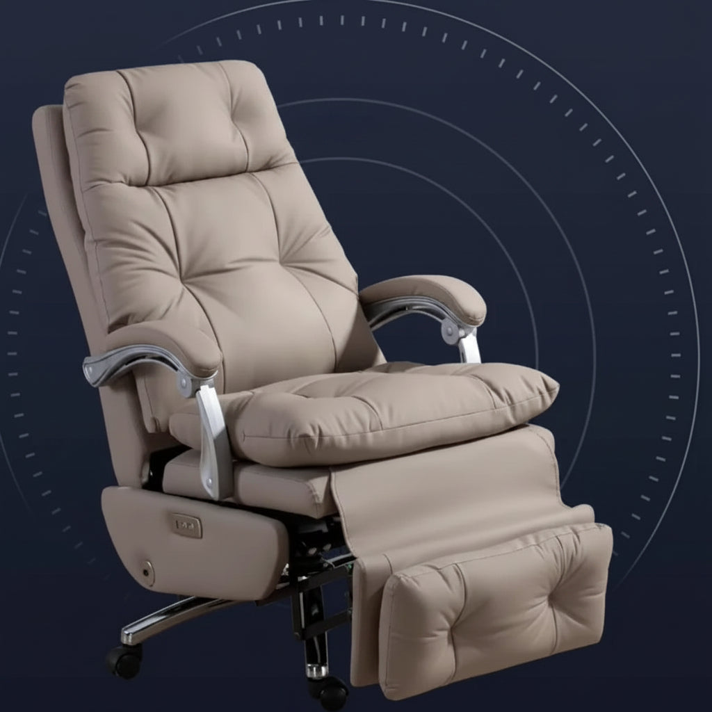 Beige massage chair with reclining features on a dark background