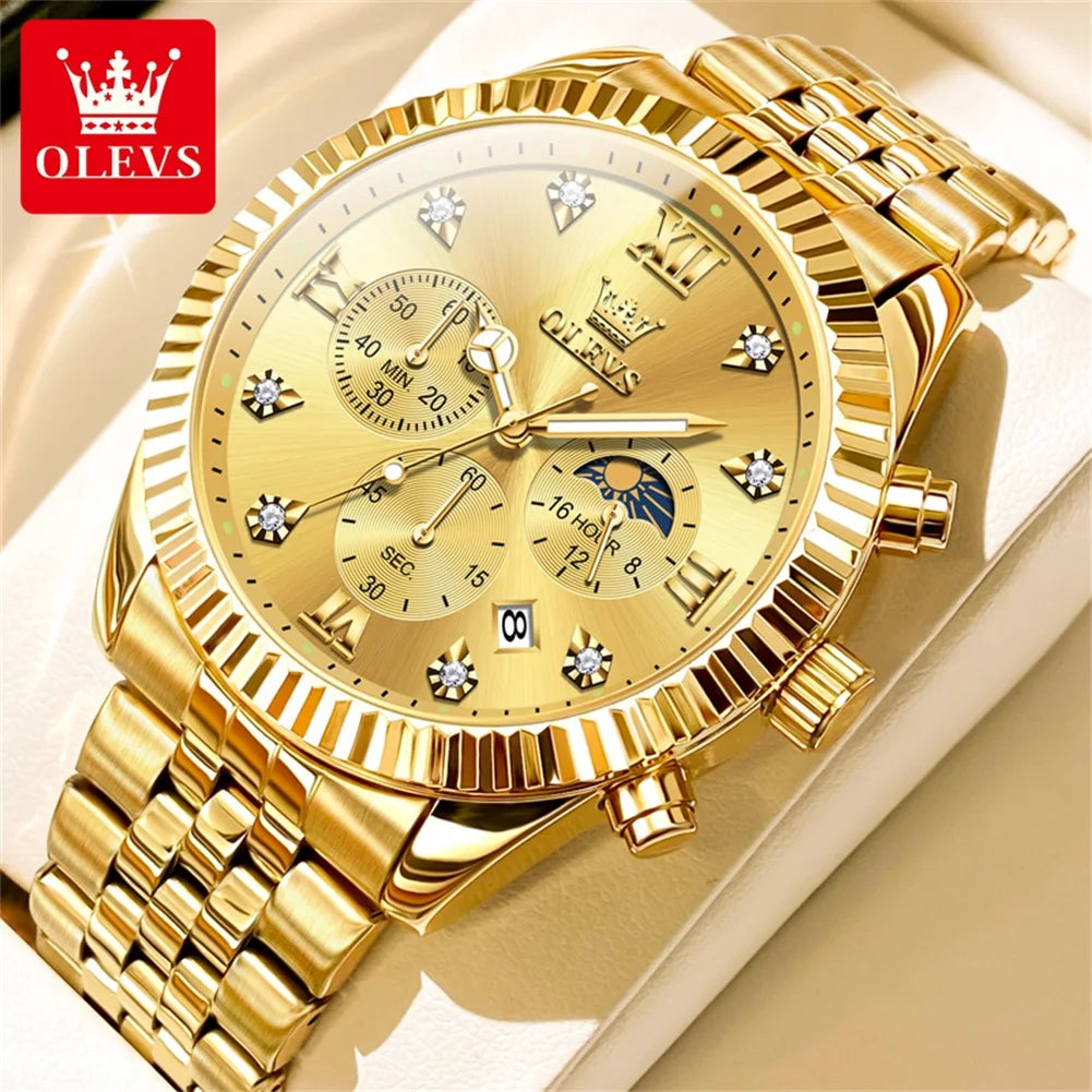 OLEVS 2932 Men's Luxury Watch Fashion Multi functional Waterproof Lunar Phase Chronograph Code Watch High end Brand Quartz Watch