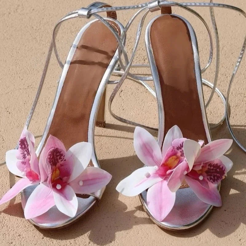 Metallic Slingback Sandals Flower Toe Stiletto Strappy Open-Toe Evening Sandals — Champagne Gold | KIMLUD