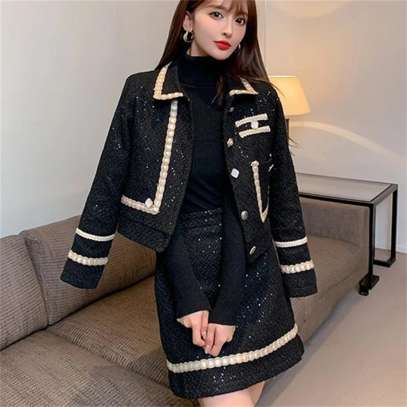 Female Xiaoxiang Style Short Jacket Tops Skirt 2 Piece Set Autumn Winter Lady Tweed Wool Jacket Mini Skirts 2PCS Women Outfit