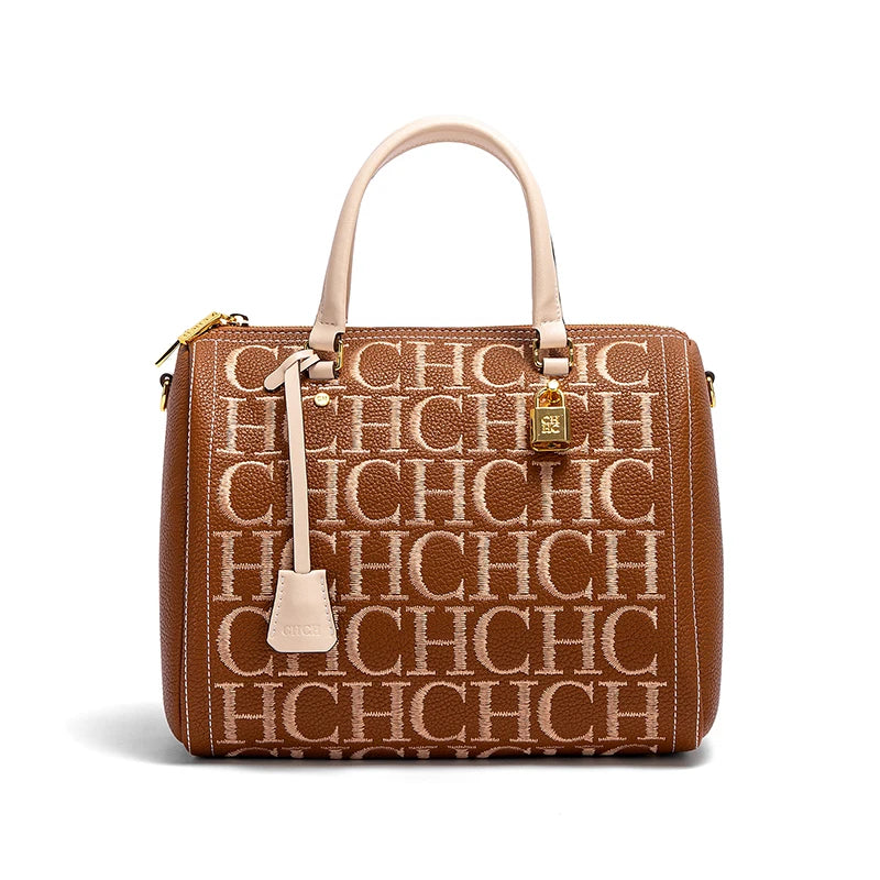 Pebbled PU Shoulder Bag Embroidered Letter Design — Brown | KIMLUD