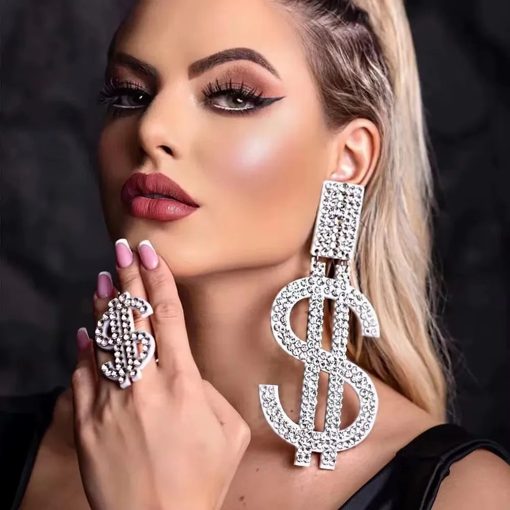 Sparkling Crystal Dollar Pendant Earrings Copper Base — Clear | KIMLUD