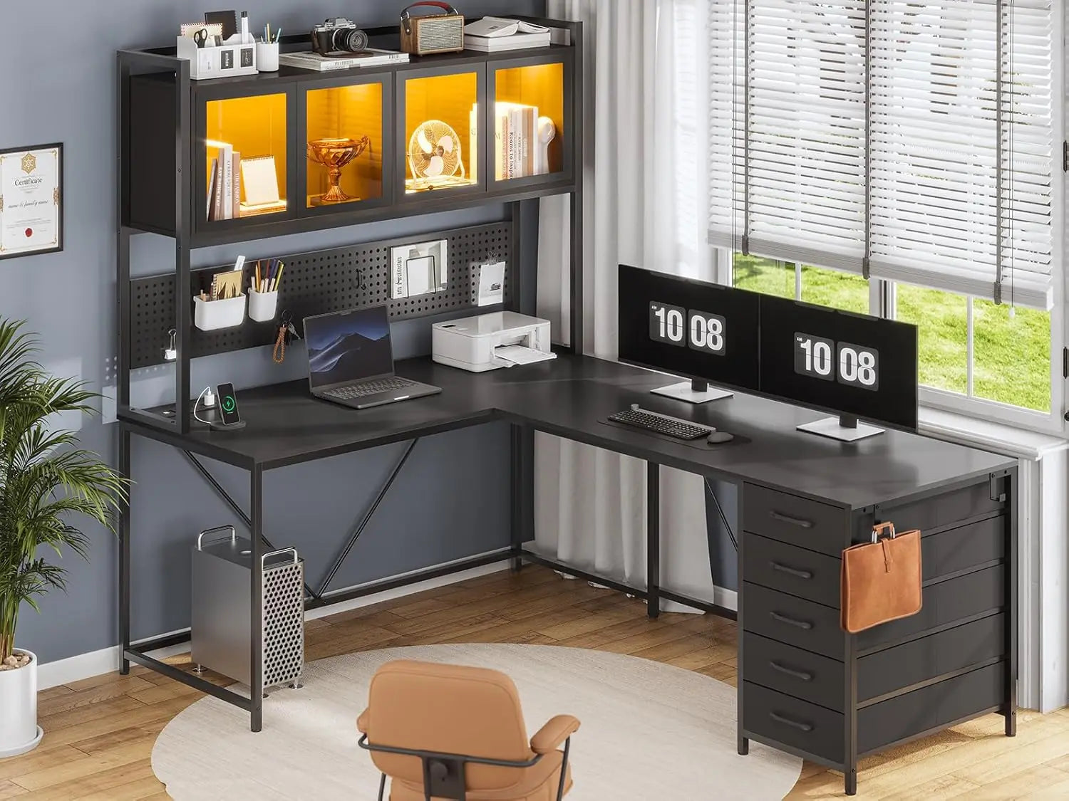 L Shaped Gaming Desk with Drawers,Gaming Desk with Pegboard, Led Lights, and Power Outlet, Home Office Desk, Corner Desk, Black