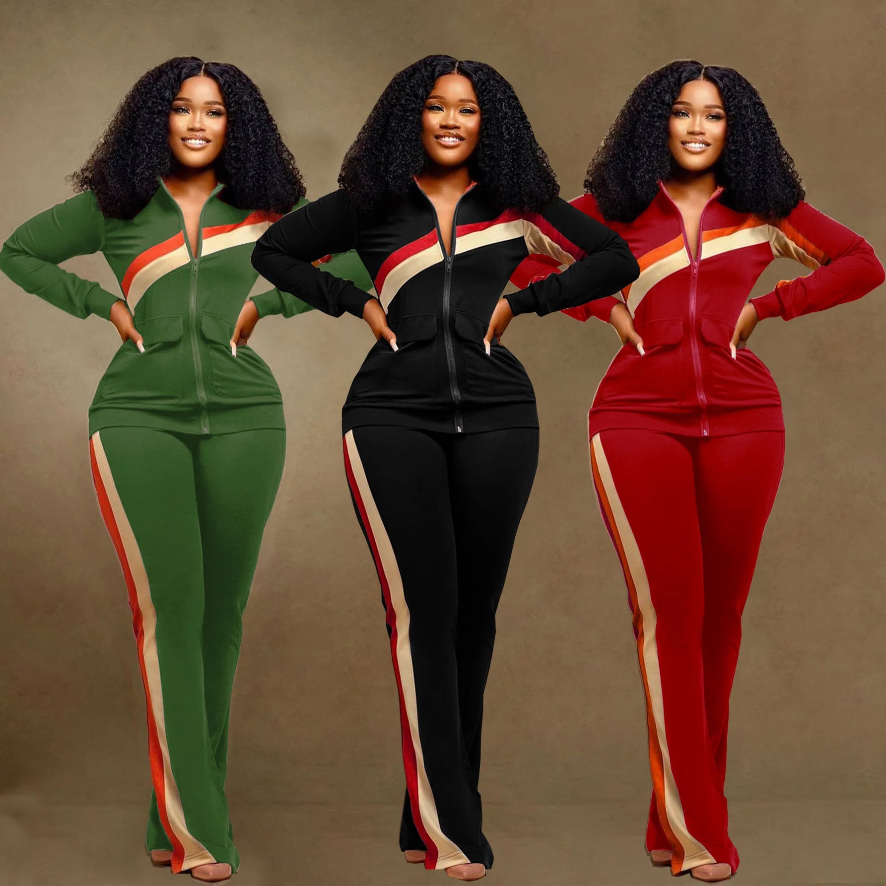 Knit Striped Splicing Two-Piece Sports Set Cream And Burnt-Orange Stripe Panels — Black | KIMLUD