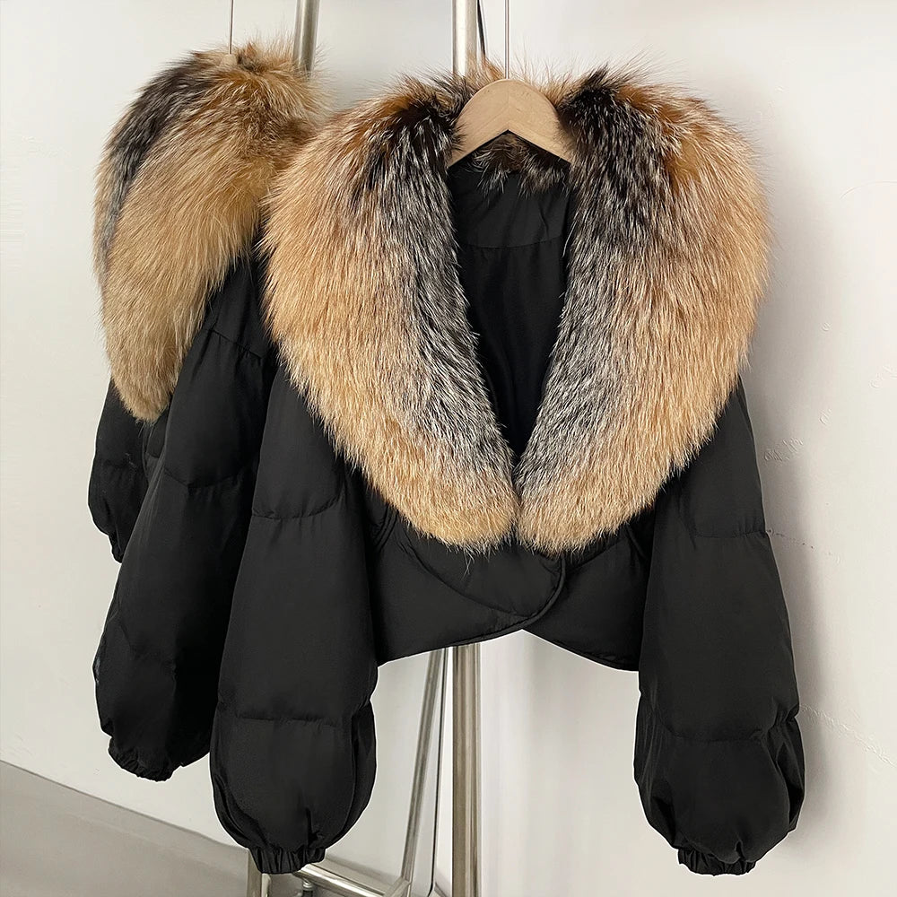 Down Coat – Real Fox Fur Trim – Duck Down – Natural | KIMLUD