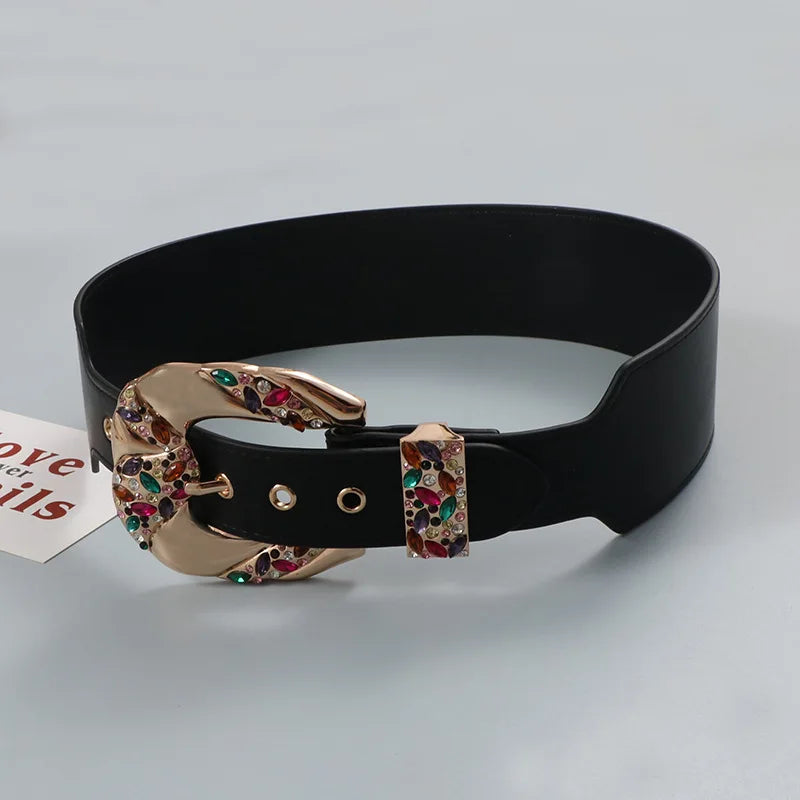 Belt – Rhinestone Zircon Metal Design – PU Belt – Solid | KIMLUD