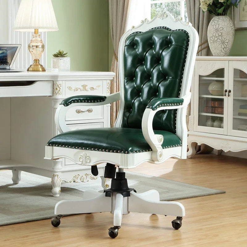 12American Genuine Leather Retro Carved Solid Wood Swivel Chair Office Chair Lift