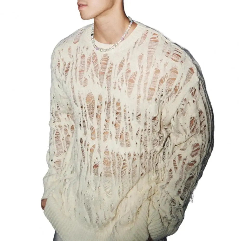 Hollow-Out Mesh Knit Top Crew Neck Long Sleeve — Black | KIMLUD