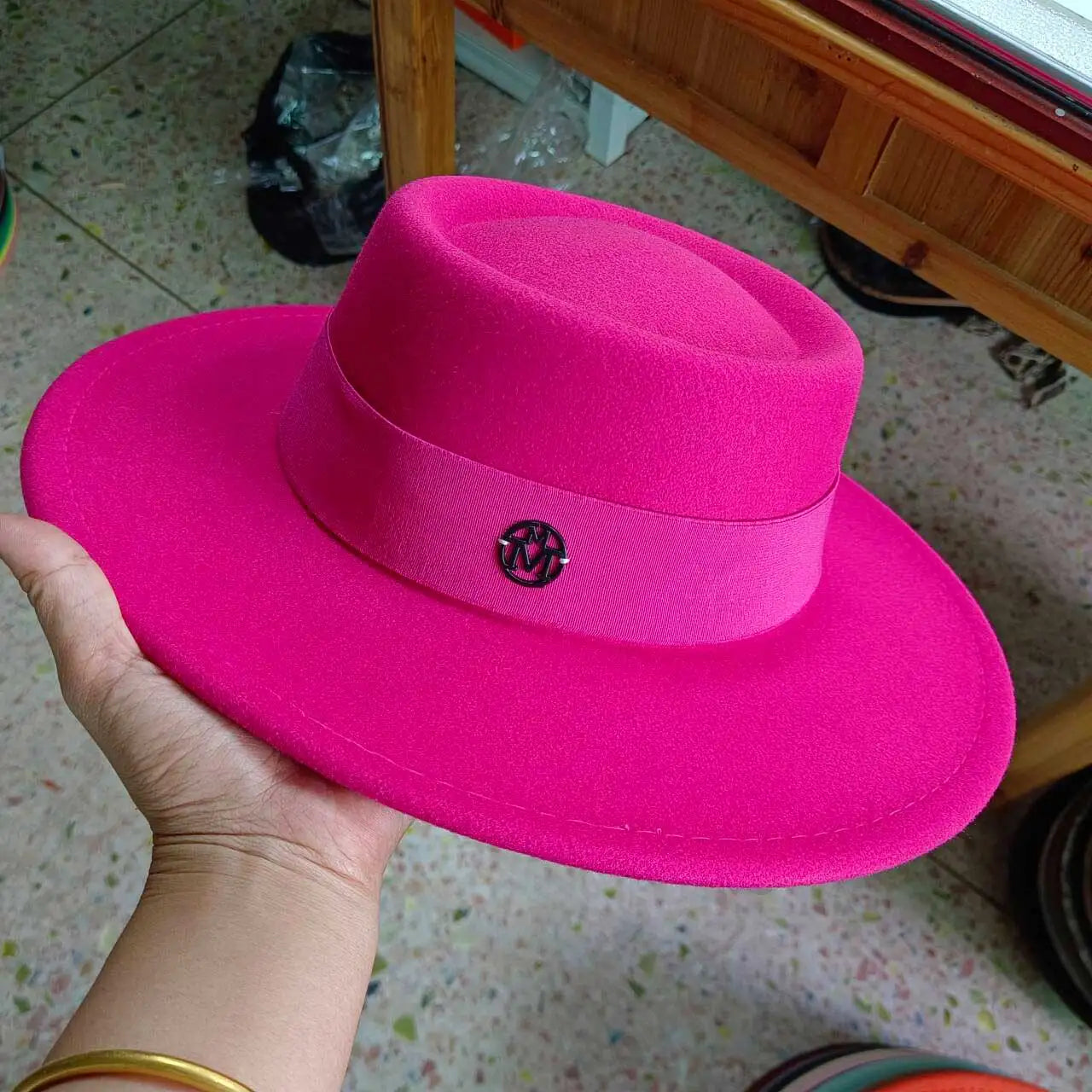 Felt Fedora Hat Flat-Top Wide-Brim — Black | KIMLUD