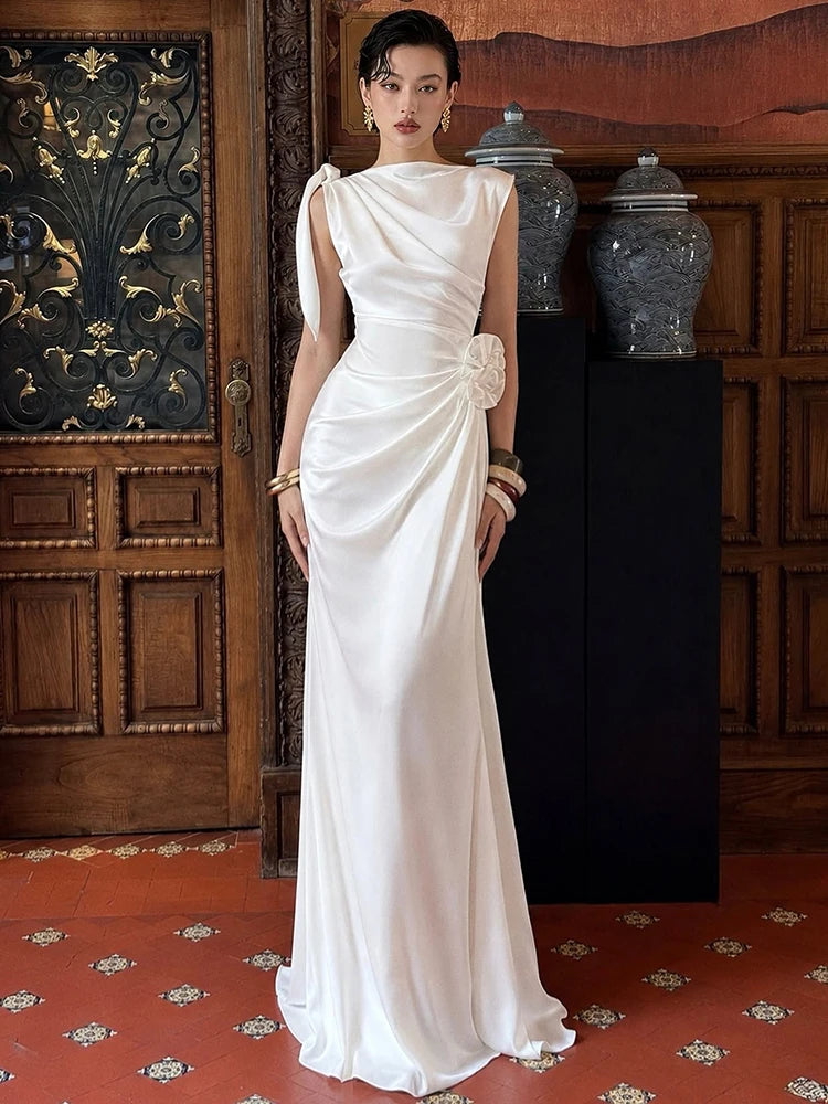 Evening Dress – One Shoulder Draped Ruched – Satin – Champagne | KIMLUD