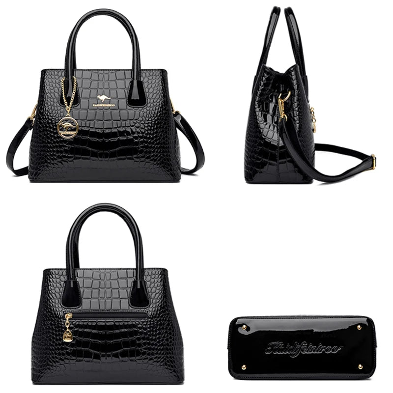 Crocodile Pattern Patent Leather Tote Bag Crossbody Zipper Closure — Black | KIMLUD
