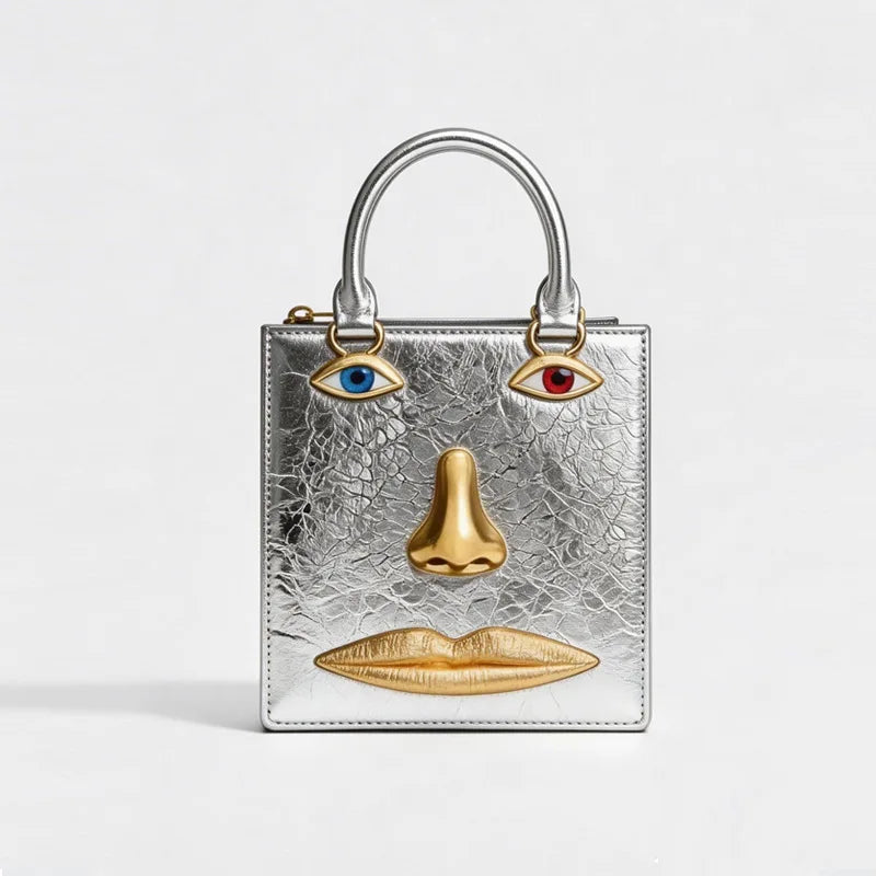 Gold-Tone Leather Face Bag Geometric Motif — Gold | KIMLUD