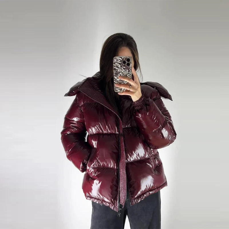 Chic Glossy Women's Thicken Cotton Coats Hooded Solid Loose Zippers Warm Lady Coat 2025 Winter Casual Female Street Jackets