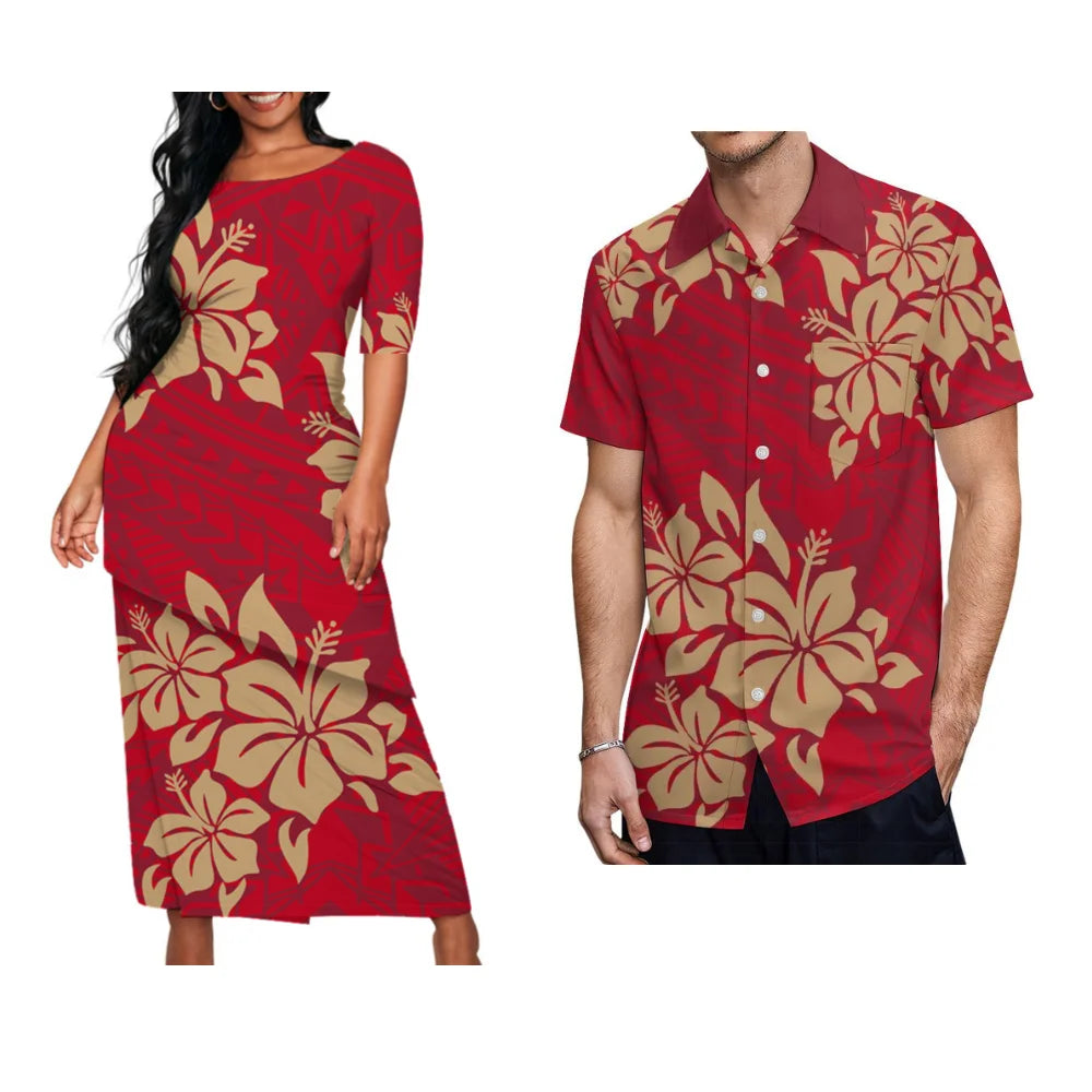 Polynesian Floral Puletasi Set Dress Diagonal Design — Red | KIMLUD