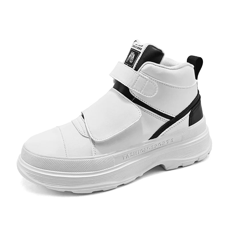 Autumn Men Casual Sneakers Leather Chunky Platform High-top Shoes Ankle Boots Magic Tape Sneakers Male Breathable Sport Shoes 44