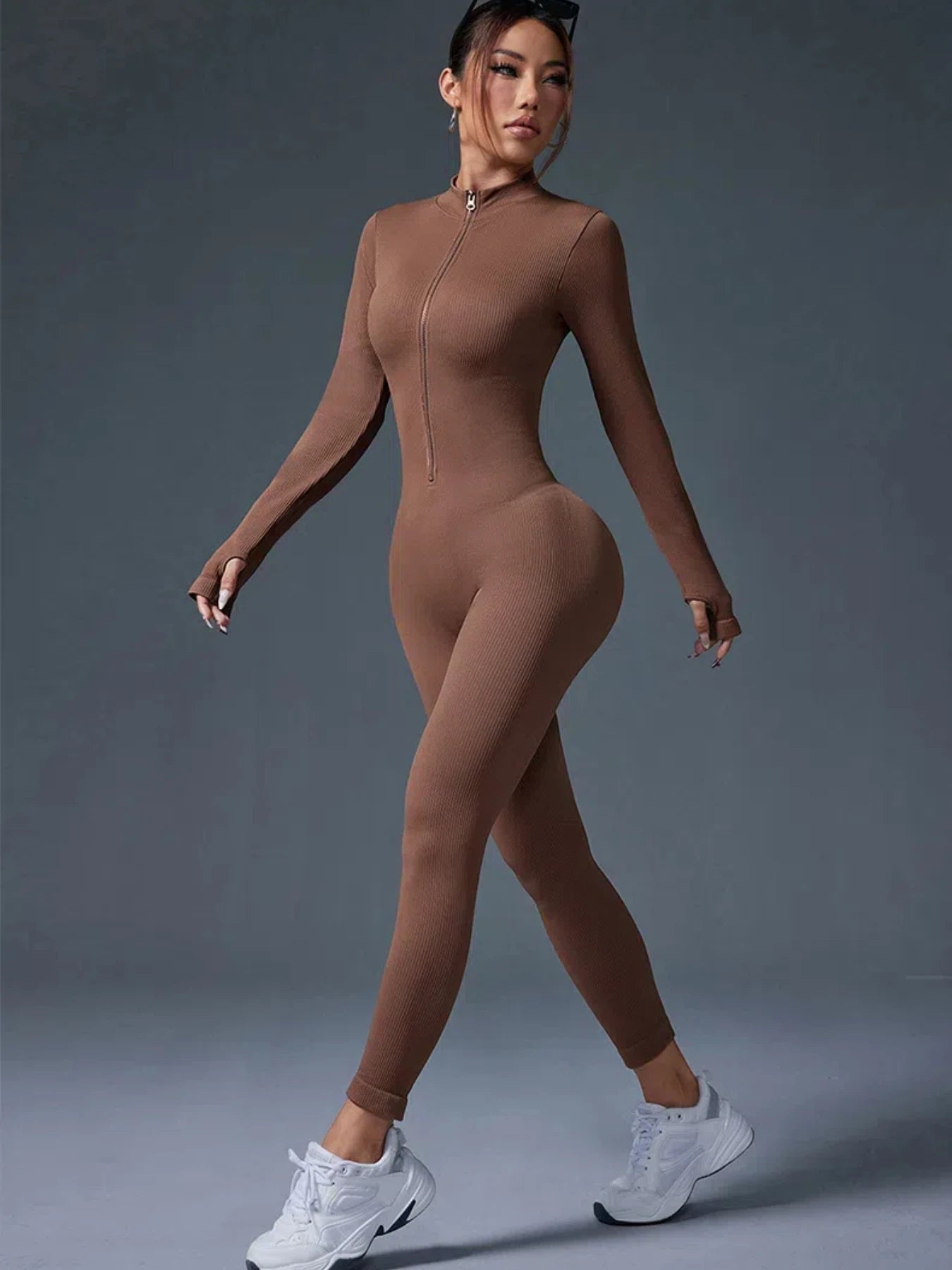 Nylon/Spandex Jumpsuit Half Zip Activewear — Black | KIMLUD