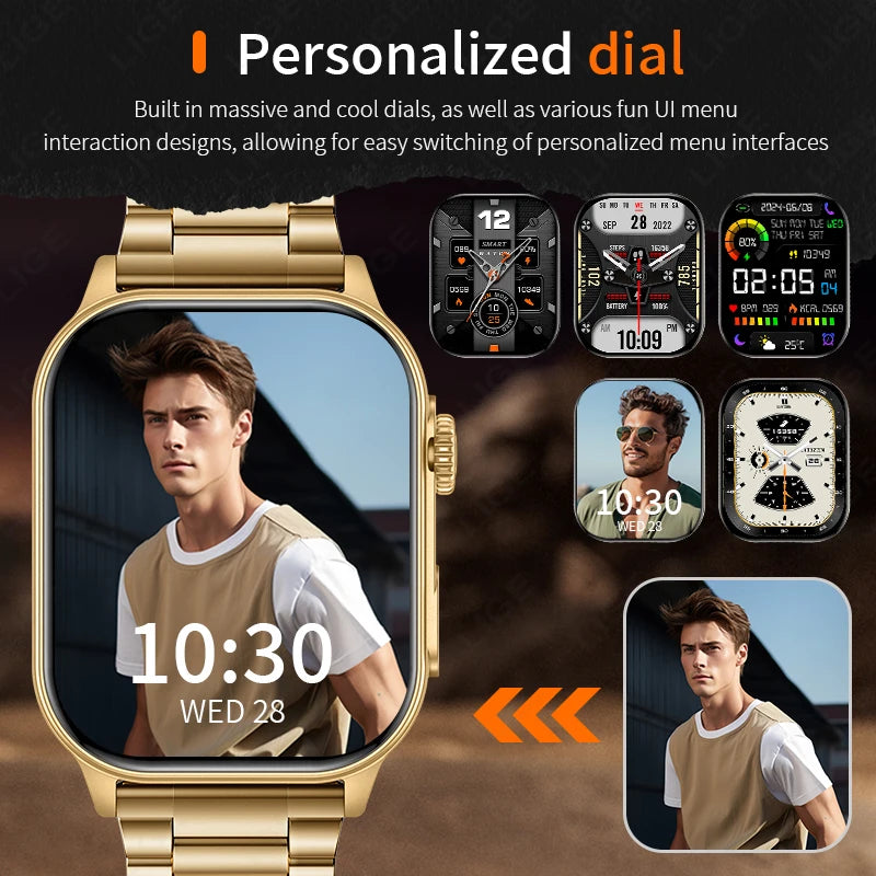LIGE New Smart Watch LED Flashlight Military Sport Watches 2.01'' Screen Health Monitor Bluetooth Call Waterproof Smartwatch Men
