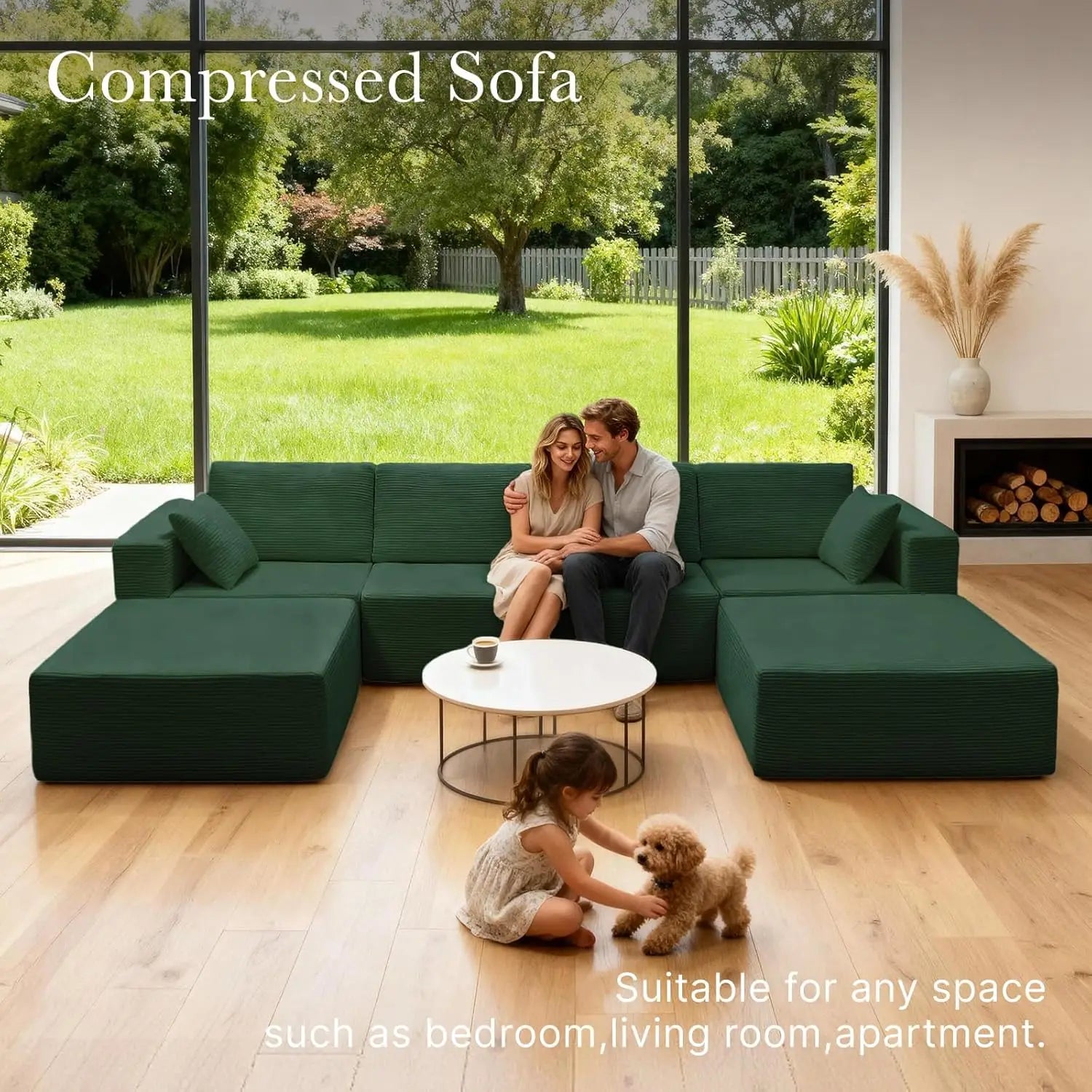 U-Shaped Modular Sofa With Chaise — Emerald Green | KIMLUD