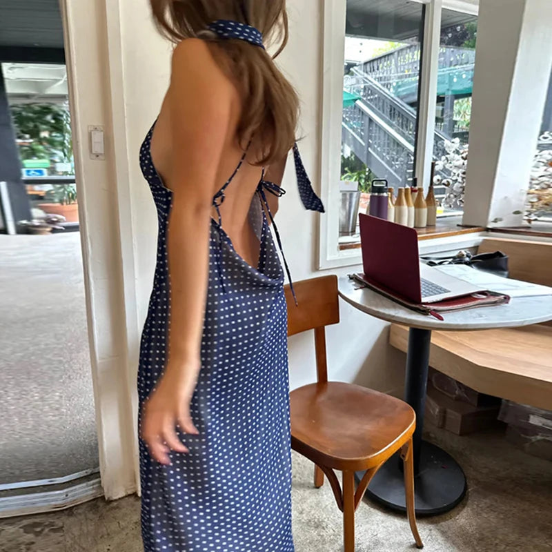 Maxi Dress Polka Dot V-Neck Tie-Back Spaghetti Straps — Navy | KIMLUD