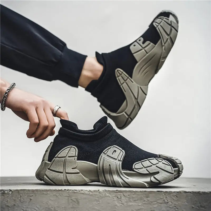 Breathable Air Mesh Sneakers Casual Slip-On With Tonal Gray Overlays — Black | KIMLUD