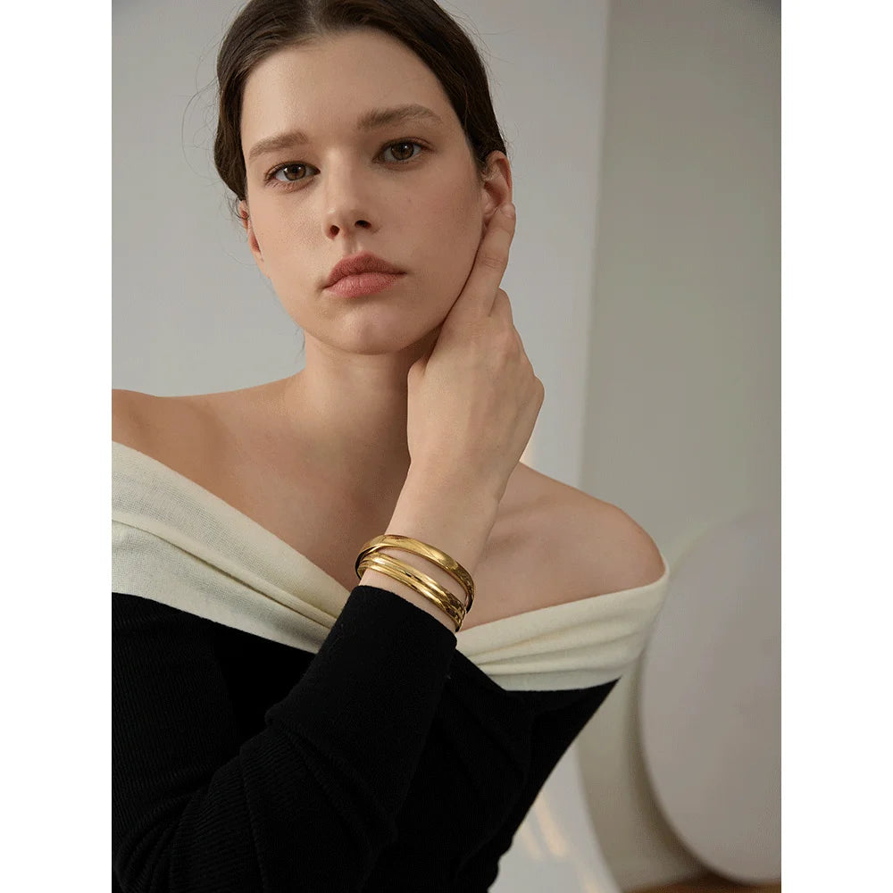 Yhpup 60mm Waterproof 316L Stainless Steel Round Smooth Bracelet Bangle Women Minimalist 18k Gold Color Texture Charm Jewelry - KIMLUD