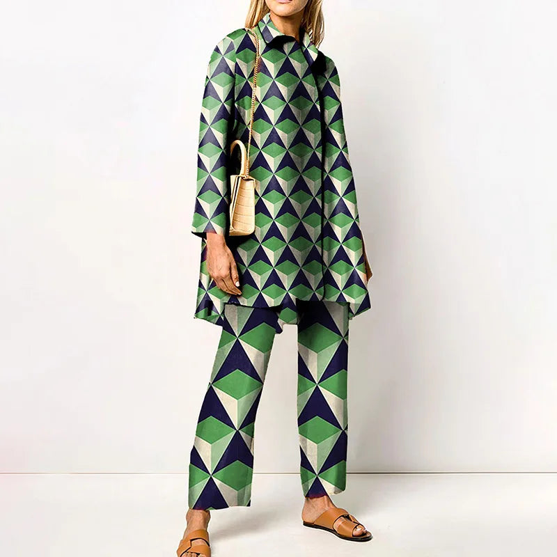Two-Piece Set – Printed Autumn Vintage – Broadcloth – Wide-Leg Pants | KIMLUD