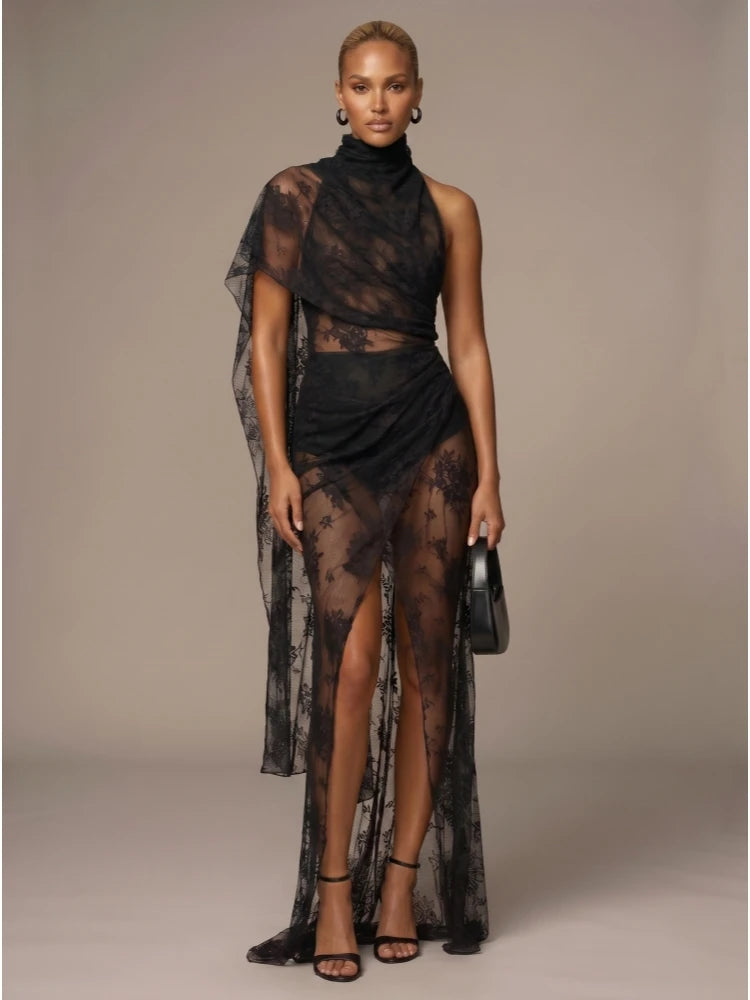 Dresses – Backless High Neck Lace See-Through – Slim Silhouette – Black | KIMLUD