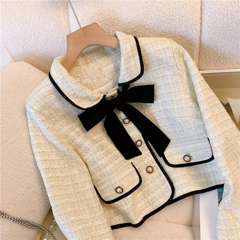Vintage Women Tweed White Suit Jacket Coat Top And Skirt Elegant Two Piece Set Outfit 2023 Winter Jacquard Fashion Cloth