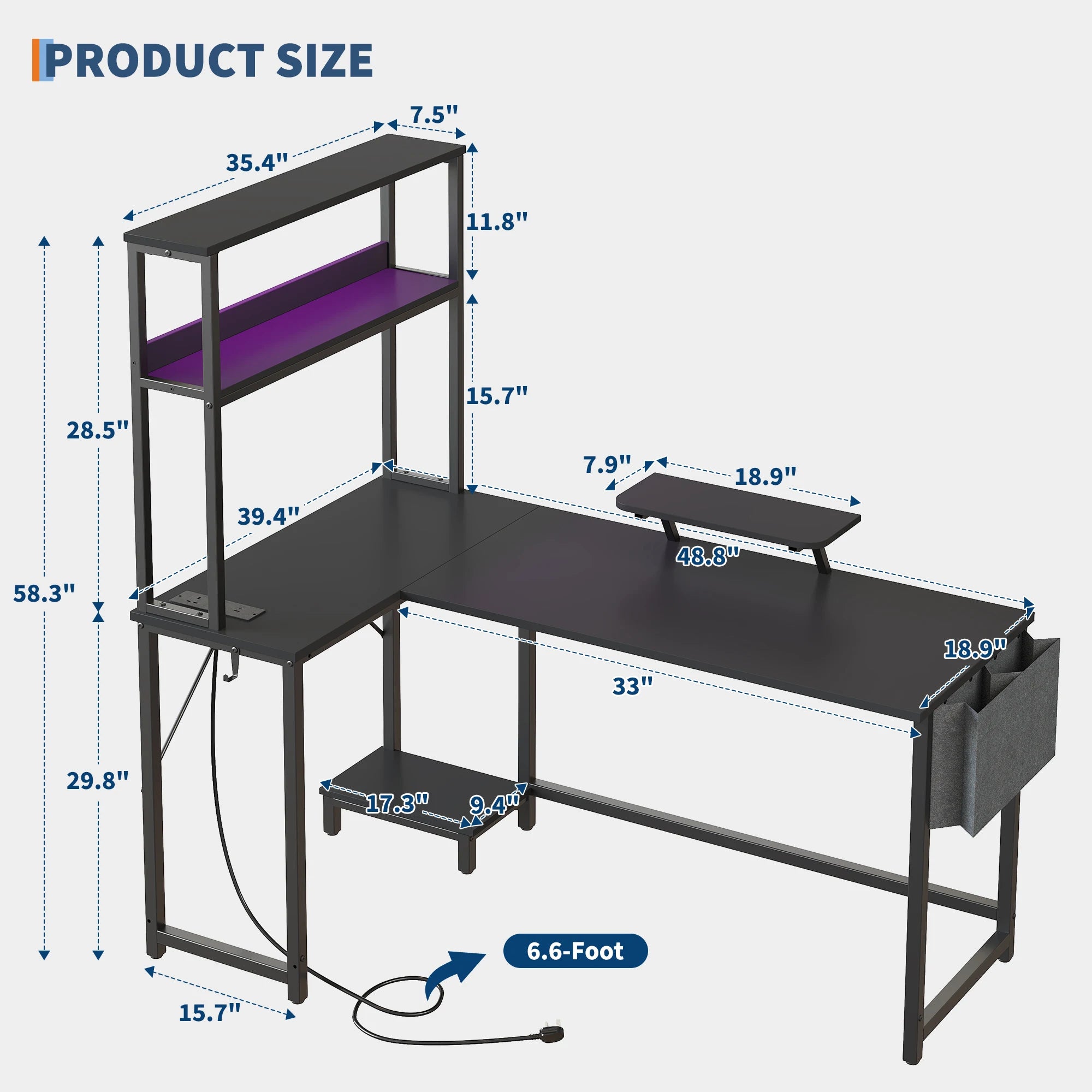 L Shaped Gaming Desk with Power Outlets & LED Lights, Corner Desk with Monitor Stand for Home Office, Space-Saving