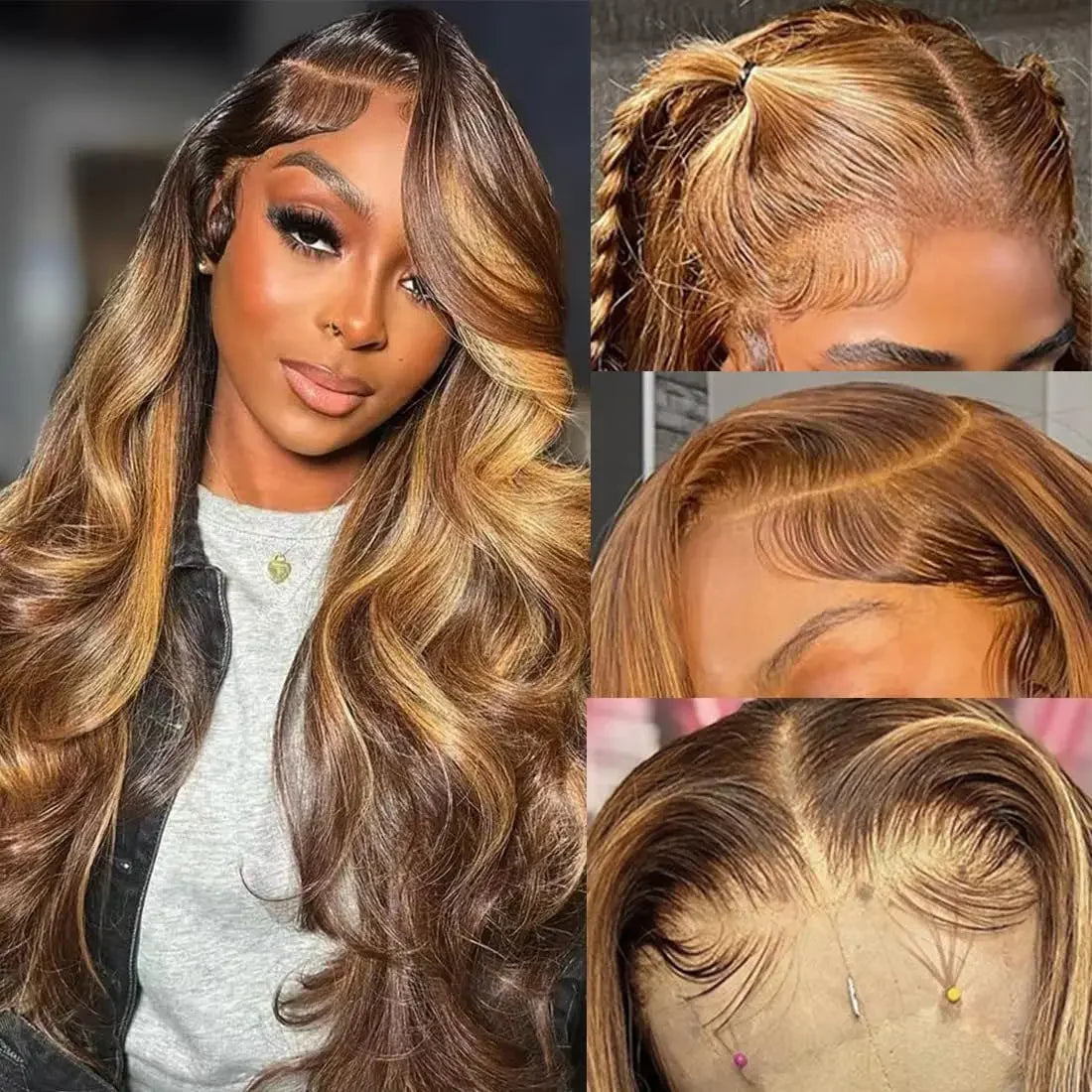 Human Hair HD Highlight Ombre Body Wave Wig — Blonde Brown Ombre | KIMLUD