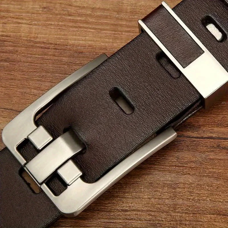 Split Leather Belt Vintage Pin Buckle With Premium Stitching And Adjustable Length — Black | KIMLUD