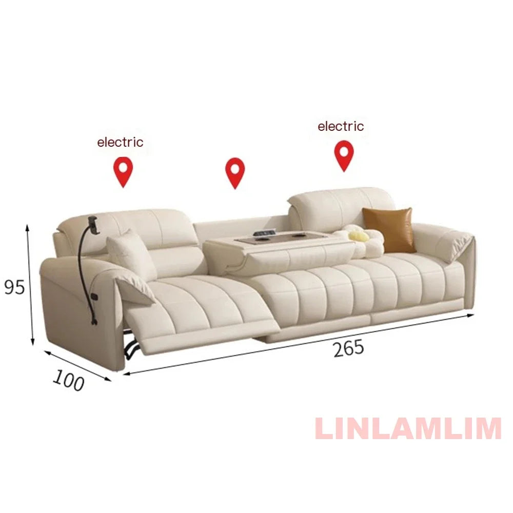 Italian Genuine Leather Electric Reclining Sofa With Adjustable Footrest USB And Foldable Center Console — Caramel Tan | KIMLUD