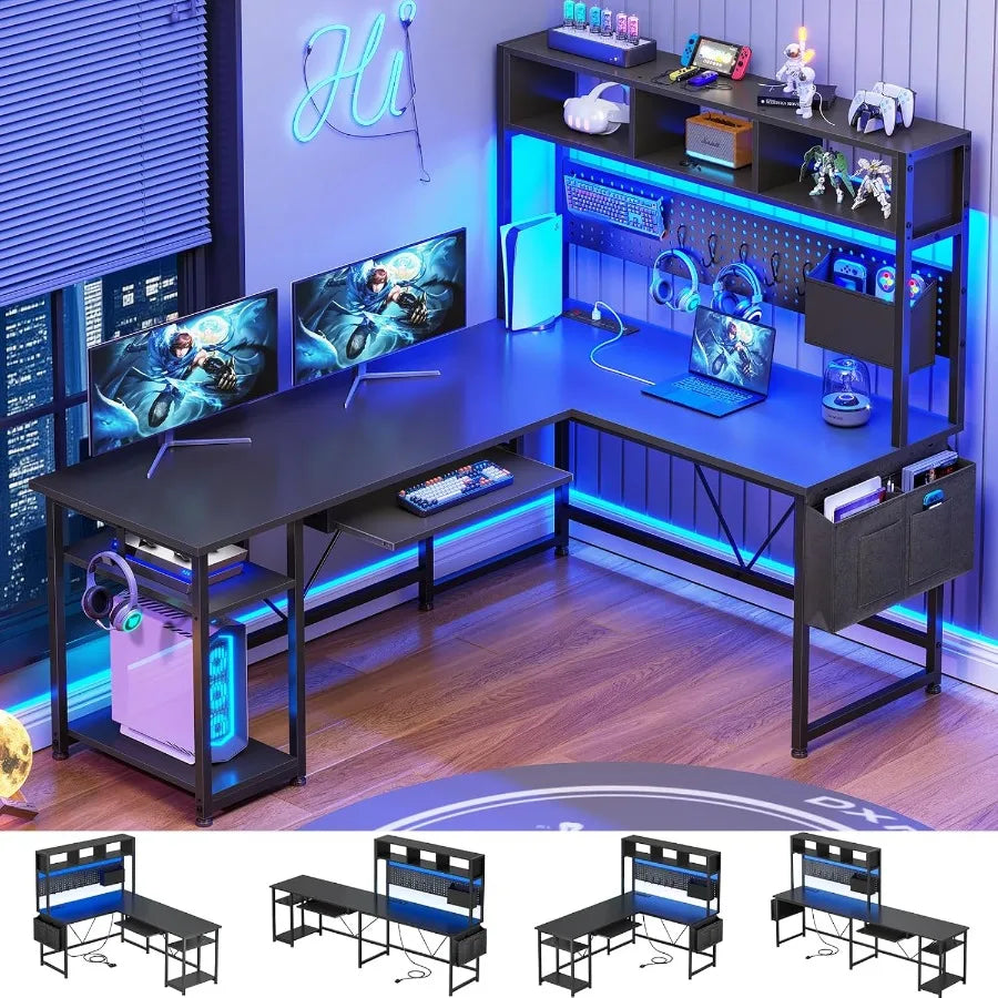 L Shaped Gaming Desk with Hutch 57.5 Reversible Corner Computer Desk Featuring Adjustable Storage Shelves Integrated Pegboard P