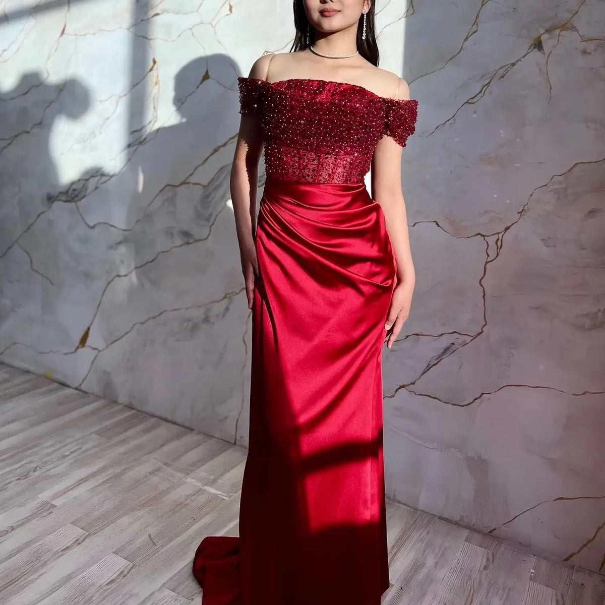 Mermaid Evening Gown – Off Shoulder Corset Beading – Satin – Multicolor | KIMLUD