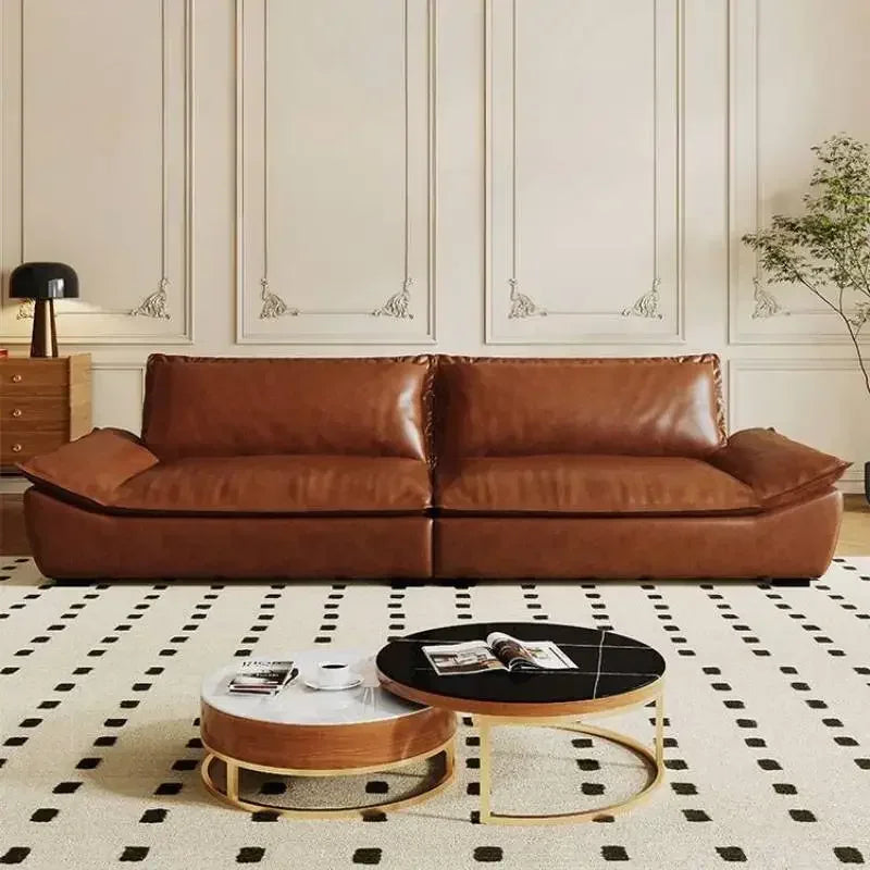 Ergonomic European Leather Sofa With Sculptural Low Profile — Brown | KIMLUD