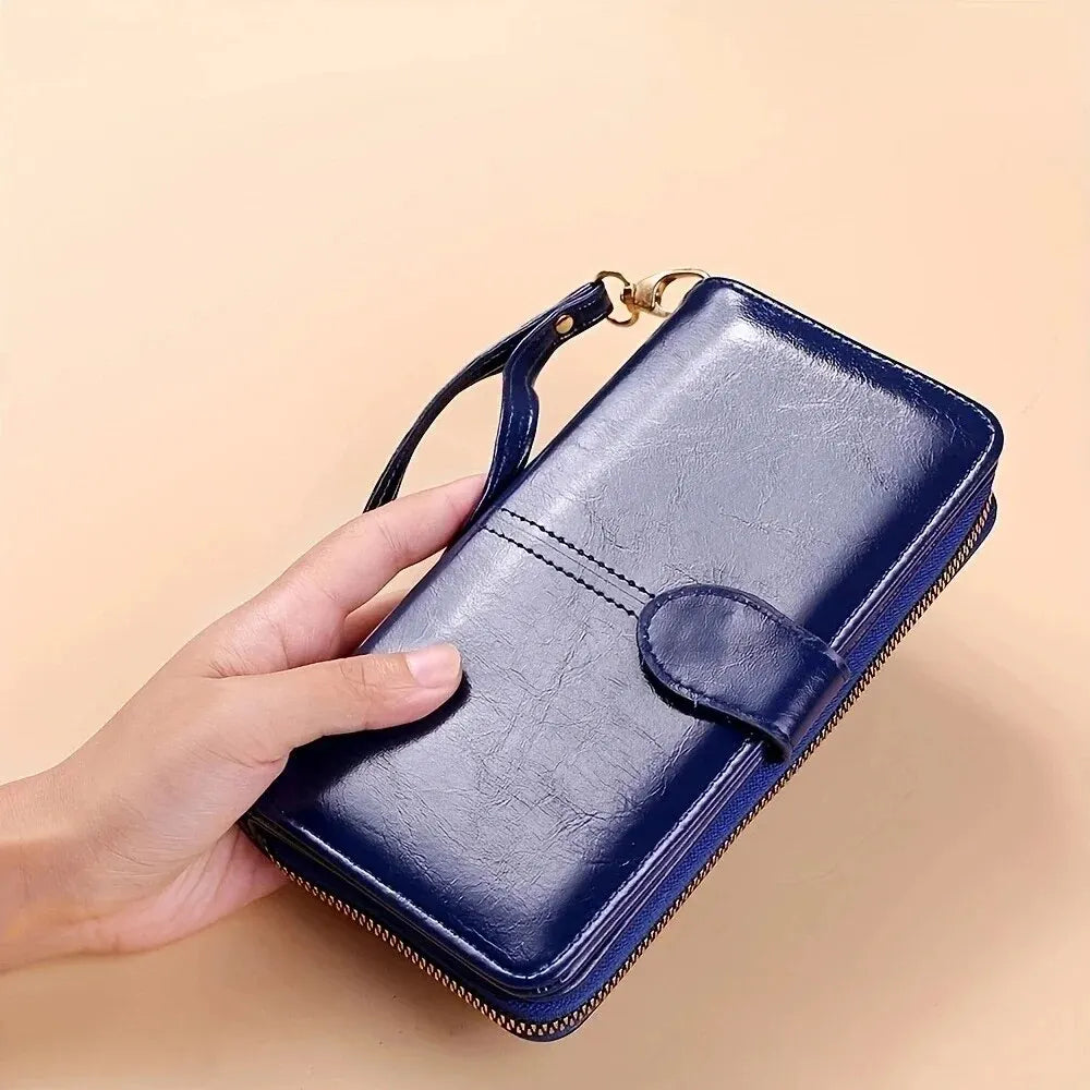 Oil-Wax PU Leather Clutch Wallet Large Capacity Phone Purse — Burgundy | KIMLUD