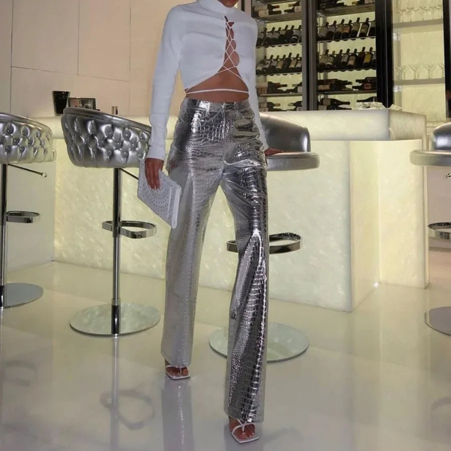New 2024 Women's Elegant Y2K Silver High Waist Straight Pants Long Trousers Streetwear Autumn Winter Women PU Leather Pants