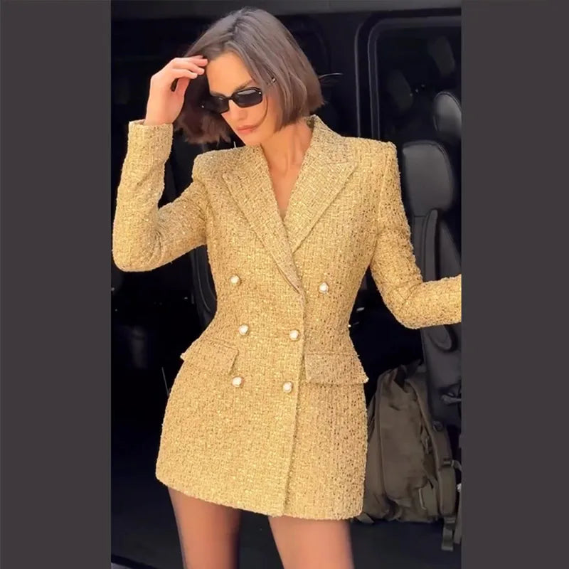 Sequin Paillette Blazer Coat Double Breasted Lapel Silhouette With Shiny Finish — Black | KIMLUD