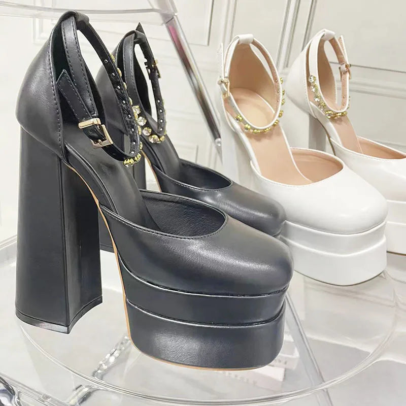 New Fashion Women Pumps Retro Mary Janes Chunky Heels Sandals Spring Platform Dress Party Wedding Basic Shoes Woman Big Size
