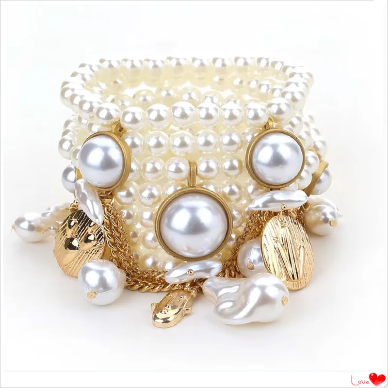 Handmade Bead Imitation Pearl Tassel Bracelet Multi-Layered — Gold | KIMLUD