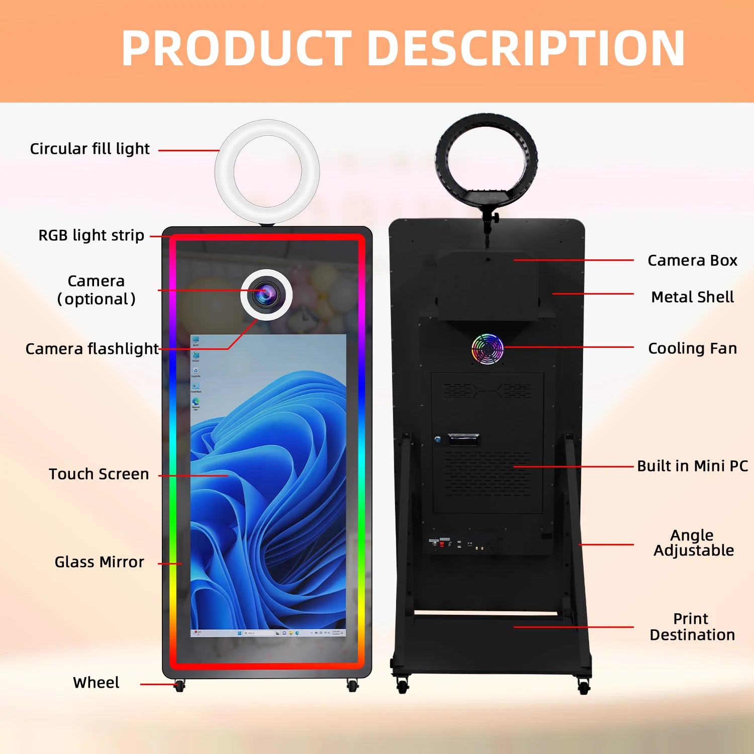 Metal-Glass Frame Portable Mirror Photo Booth 43 Inch With LED Edge Lighting — Black | KIMLUD