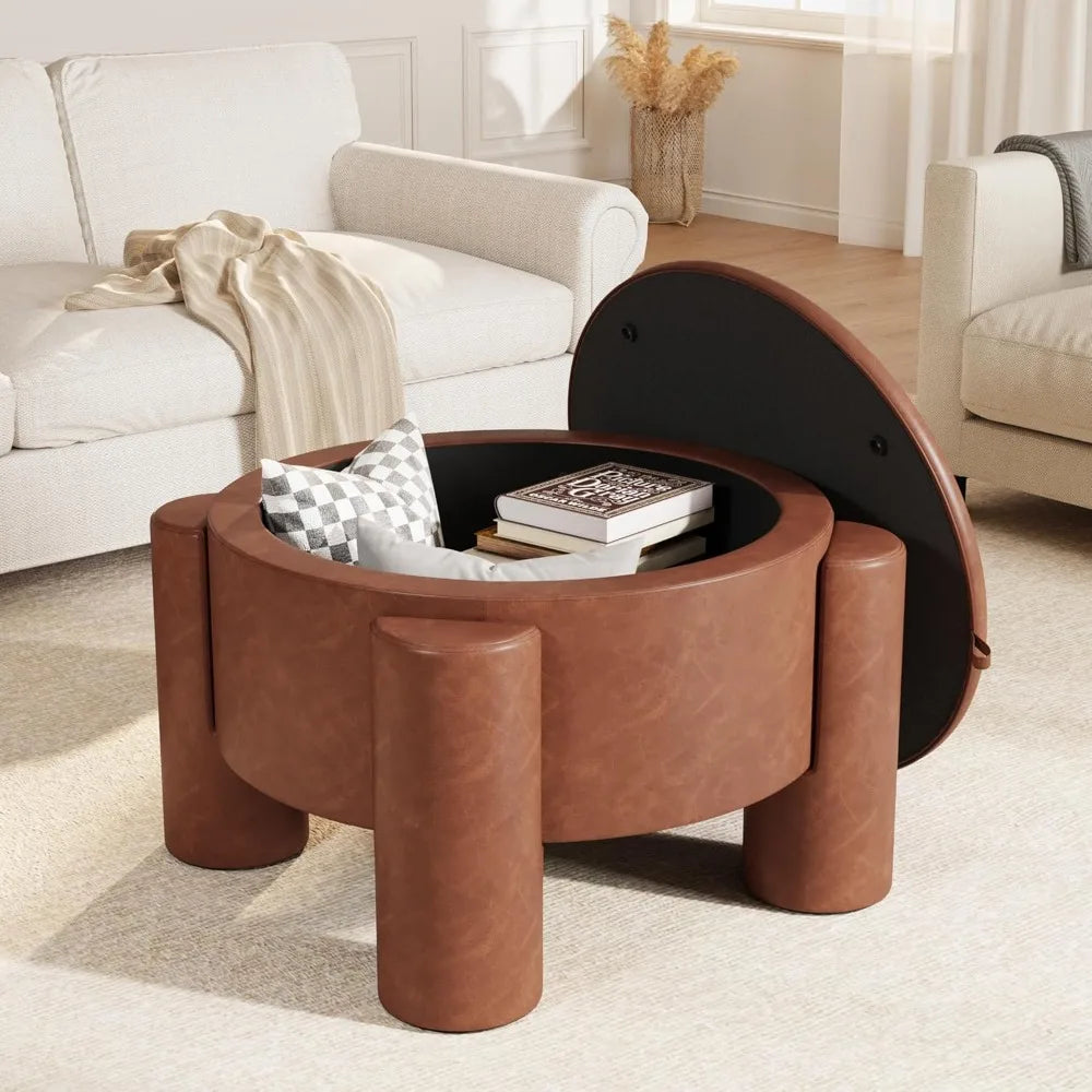Storage Ottoman with Removable Top, 24" Round Coffee Table Ottoman & Upholstered Footrest, Faux Leather Ottoman for Small
