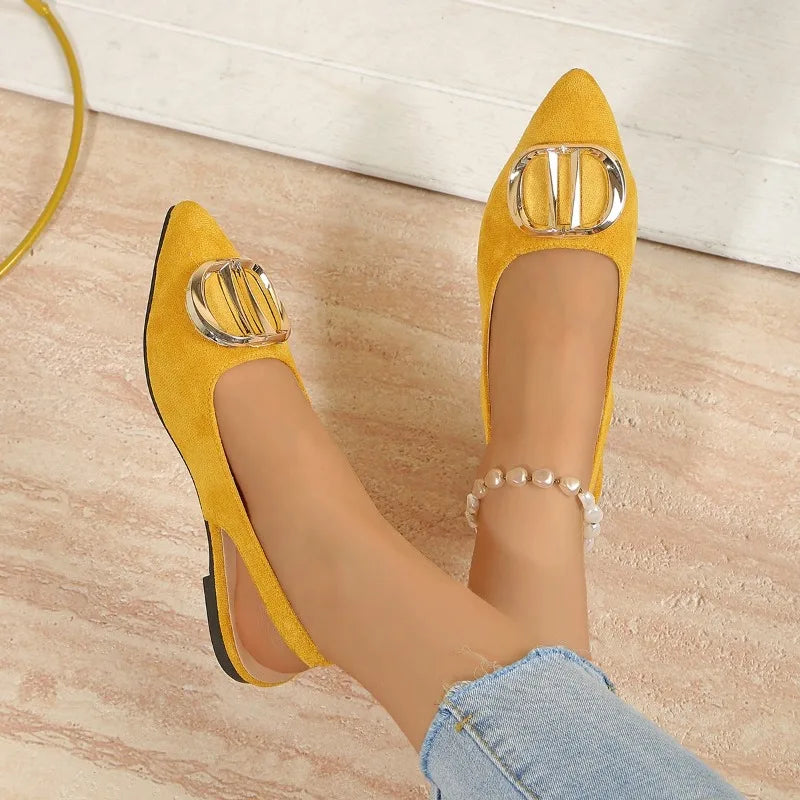 Flat Shoes – Pointed Toe – Metal Accents – Back Strap Buckle | KIMLUD