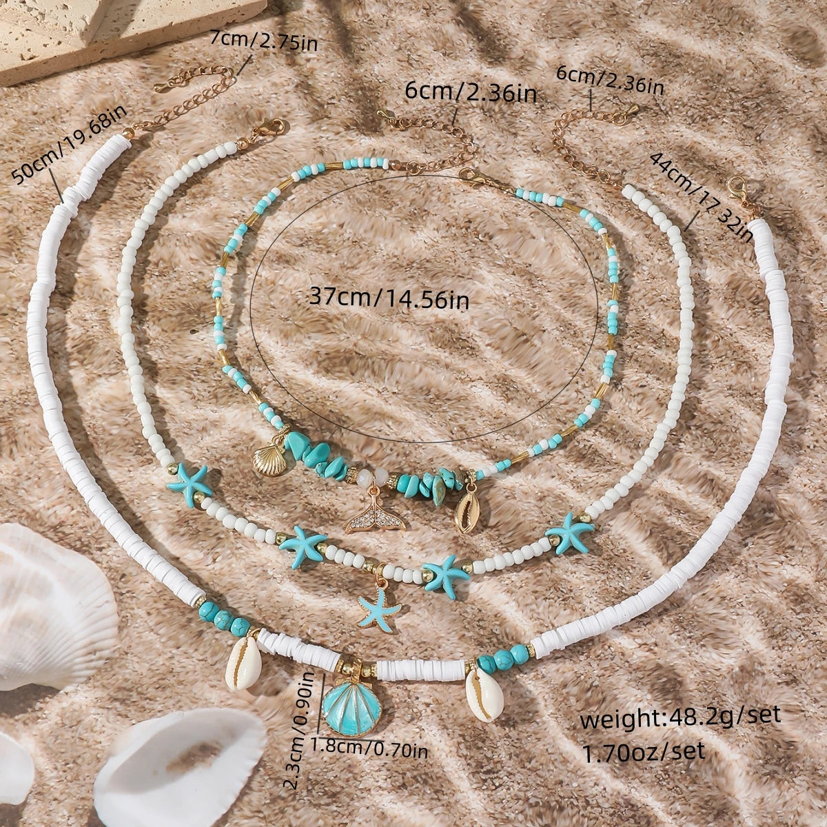 Bohemain Vintage Shell Starfish Multi Layered Necklace for Women Ethnic Handmade Fish Tail Beads Necklace Summer Jewelry Gifts