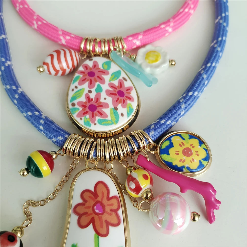 Cord Choker Necklace – Enamel Flower Pendant – Zinc Alloy – Multicolor | KIMLUD