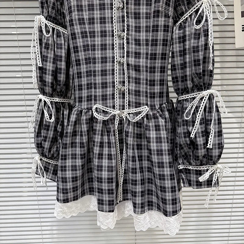 Shirt Dress – Plaid Bow Tie Long Sleeve – Polyester | KIMLUD