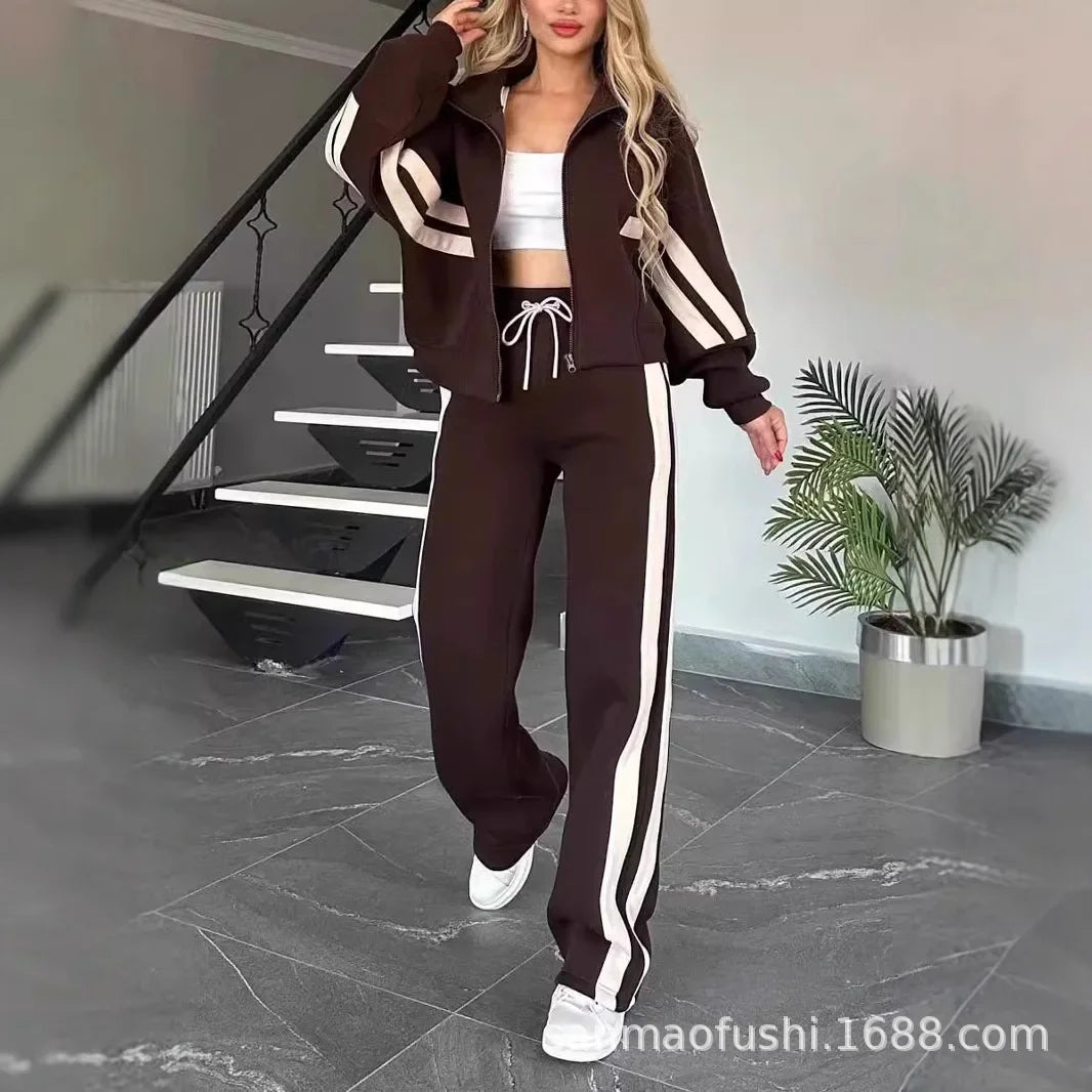 Y2K Striped Zipper Coat Two-Piece Set Red Stripe — White | KIMLUD
