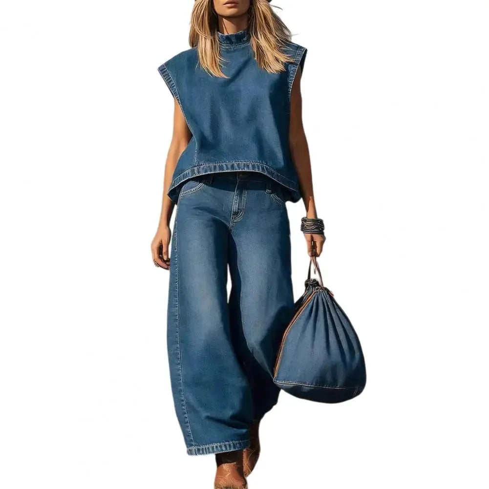 Washed Denim Sleeveless Office Set — Blue | KIMLUD