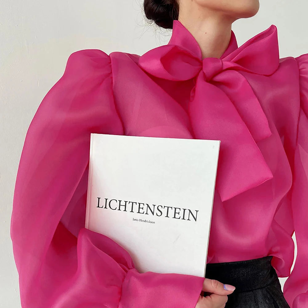 Women's See-through Chiffon Fashion Shirt Lace-up Bow Neck Puff Long Sleeve Loose Autumn Streetwear Elegant Office Ladies Blouse