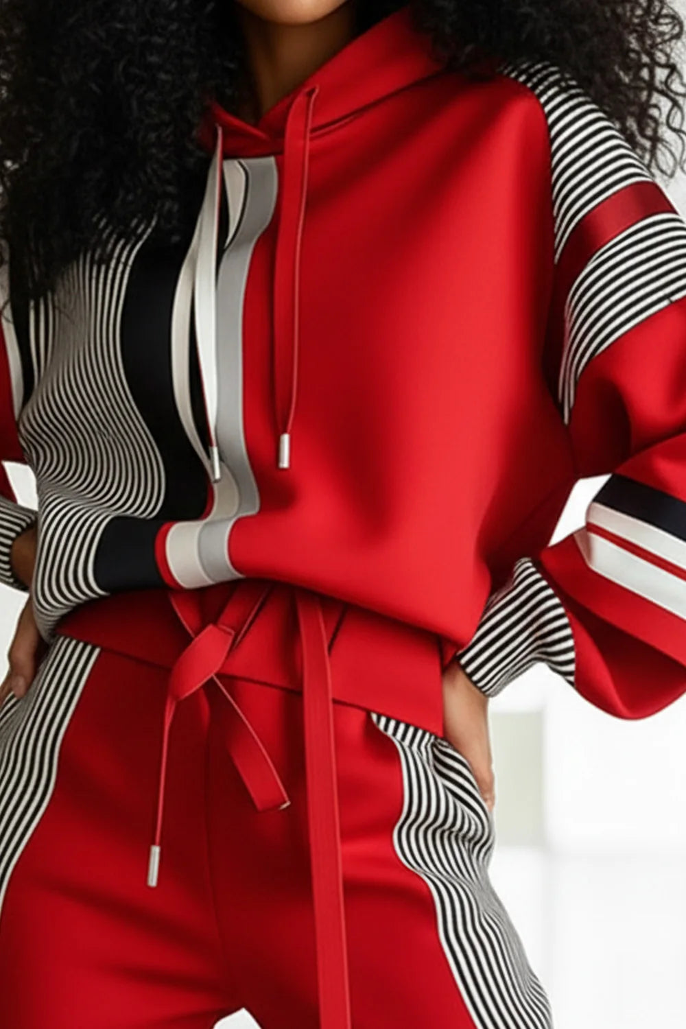 Hooded Plus-Size Striped Ruched Sweatshirt — Red | KIMLUD
